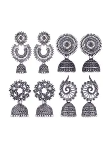 MEENAZ Set Of 4 Silver-Plated Stone-Studded & Beaded Stainless Steel Oxidised Jhumkas