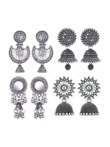 MEENAZ Set Of 4 Silver-Plated Stone-Studded & Beaded Stainless Steel Oxidised Jhumkas