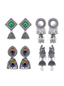 MEENAZ Set Of 4 Silver-Plated Stainless Steel Oxidised Contemporary Jhumkas