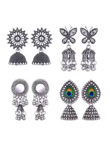 MEENAZ Set Of 4 Silver-Plated Stainless Steel Oxidised Contemporary Jhumkas