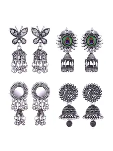 MEENAZ Set Of 4 Stainless Steel Silver Plated Artificial Stones and Beads Studded Earrings