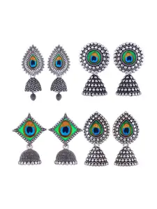 MEENAZ Set Of 4 Silver-Plated Oxidised Peacock Detail Dome Shaped Jhumkas