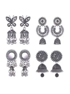 MEENAZ Set Of 4 Silver-Plated Oxidised Dome Shaped Jhumkas