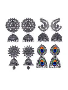 MEENAZ Set Of 4 Stainless Steel Silver Plated Artificial Stones and Beads Studded Earrings