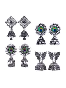 MEENAZ Pack Of 4 Silver-Plated Dome Shaped Oxidised Jhumkas