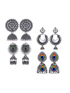 MEENAZ Set Of 4 Silver-Plated Stone-Studded Dome Shaped Jhumkas
