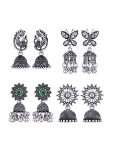 MEENAZ Set Of 4 Silver-Plated Dome Shaped Jhumkas