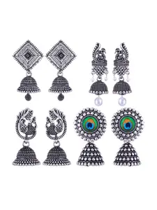 MEENAZ Set Of 4 Silver-Plated Peacock Shaped Oxidised  Jhumkas