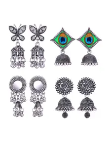 MEENAZ Set Of 4 Silver-Plated Peacock Shaped Oxidised  Jhumkas