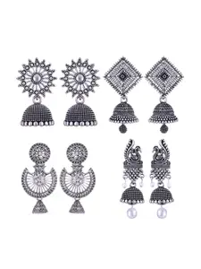 MEENAZ Set Of 4 Silver-Plated Dome Shaped Jhumkas