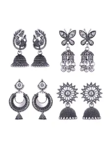MEENAZ Set Of 4 Silver-Plated Dome Shaped Jhumkas