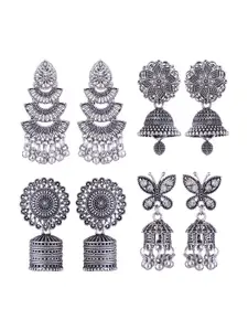 MEENAZ Set Of 4 Silver-Plated Dome Shaped Oxidised Jhumkas