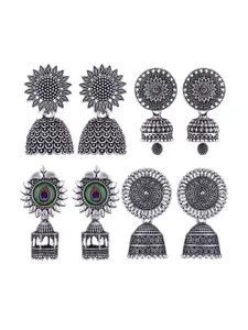 MEENAZ Set Of 4 Silver-Plated Stainless Steel Peacock Shaped Jhumkas
