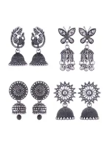 MEENAZ Set Of 4 Silver-Plated Stainless Steel Peacock Shaped Jhumkas