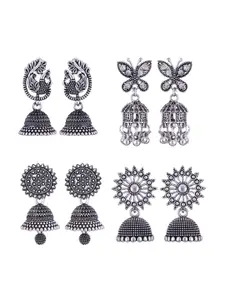 MEENAZ Set Of 4 Silver Plated Peacock Shaped Oxidized  Jhumkas