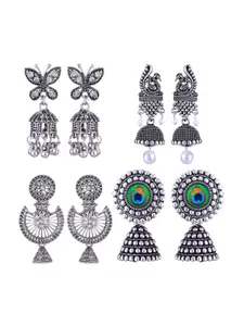 MEENAZ Set Of 4 Silver-Plated Stainless Steel Peacock Shaped Jhumkas