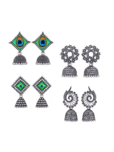 MEENAZ Set Of 4 Silver-Plated Stainless Steel Peacock Shaped Jhumkas
