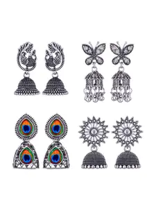 MEENAZ Set Of 4 Silver Plated Stone Studded Dome Shaped Oxidised Stainless Steel Jhumkas