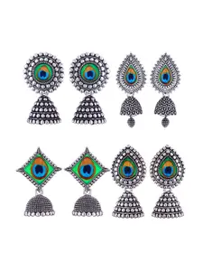 MEENAZ Set Of 4 Silver Plated Dome Shaped Oxidised Stainless Steel Jhumkas