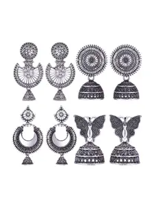 MEENAZ Set Of 4 Silver Plated Stone Studded Stainless Steel Dome Shaped Oxidised Jhumkas