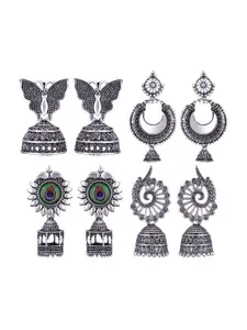 MEENAZ Set Of 4 Silver Plated Dome Shaped Stainless Steel Oxidised Jhumkas