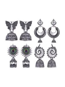 MEENAZ Set Of 4 Silver Plated Dome Shaped Stainless Steel Oxidised Jhumkas