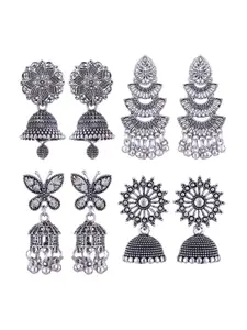 MEENAZ Set Of 4 Silver Plated Stone Studded Dome Shaped Oxidised Stainless Steel Jhumkas