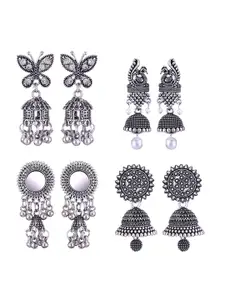 MEENAZ Set Of 4 Silver-Plated Beaded Oxidised Jhumkas