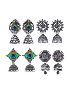 MEENAZ Set Of 4 Stainless Steel Silver Plated Artificial Stones and Beads Studded Earrings