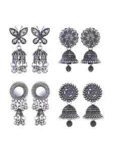MEENAZ Set Of 4 Silver-Plated Dome Shaped Oxidised Jhumkas