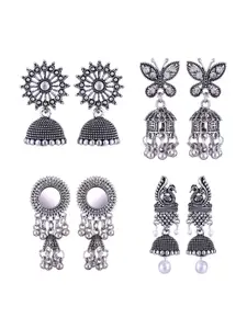 MEENAZ Set Of 4 Stainless Steel Silver Plated Oxidised Dome Shaped Jhumkas