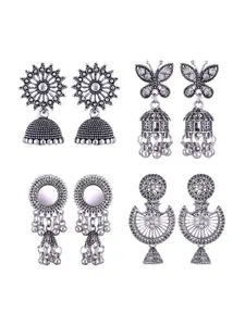 MEENAZ Set Of 4 Stainless Steel Silver Plated Artificial Stones and Beads Studded Earrings