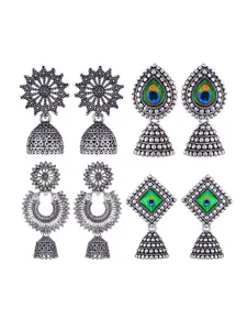 MEENAZ Set Of 4 Stainless Steel Silver Plated Artificial Stones and Beads Studded Earrings