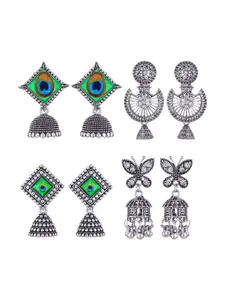 MEENAZ Set Of 4 Silver-Plated Peacock Shaped Jhumkas