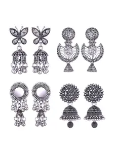 MEENAZ Set Of 4 Stainless Steel Silver Plated Oxidised Dome Shaped Jhumkas