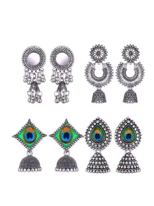 MEENAZ Set Of 4 Silver-Plated Peacock Shaped Jhumkas