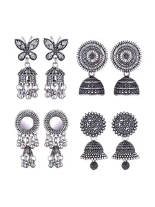 MEENAZ Set Of 4 Silver-Plated Stainless Steel Oxidised Contemporary Jhumkas