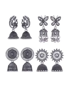 MEENAZ Set Of 4 Silver-Plated Peacock Shaped Jhumkas