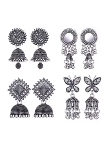 MEENAZ Set Of 4 Silver-Plated Stainless Steel Oxidised Contemporary Jhumkas