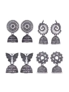 MEENAZ Set Of 4 Silver-Plated Peacock Shaped Jhumkas