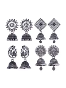 MEENAZ Set Of 4 Silver-Plated Stainless Steel Peacock & Dome Shaped Jhumkas