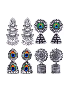 MEENAZ Set Of 4 Silver-Plated Oxidised Jhumkas
