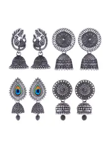 MEENAZ Silver-Toned & Black Peacock Shaped Jhumkas Earrings