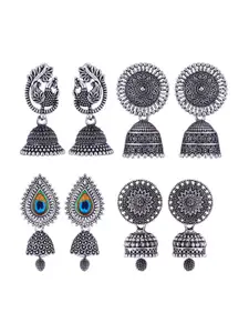 MEENAZ Set of 4 Silver-Plated Dome Shaped Jhumkas Earrings