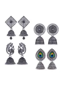 MEENAZ Set Of 4 Silver-Plated Oxidised Jhumkas