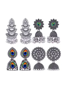 MEENAZ Set of 4 Silver-Plated Dome Shaped Jhumkas Earrings
