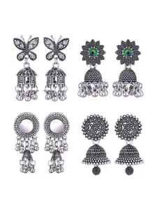 MEENAZ Set Of 4 Silver Plated Peacock Shaped Jhumkas Earrings