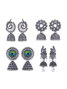 MEENAZ Set Of 4 Silver-Plated Peacock Shaped Jhumkas