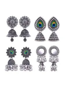 MEENAZ Set Of 4 Silver-Plated Peacock Shaped Jhumkas