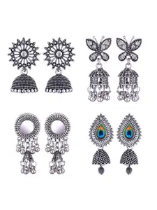 MEENAZ Set Of 4 Silver Plated Peacock Shaped Jhumkas Earrings